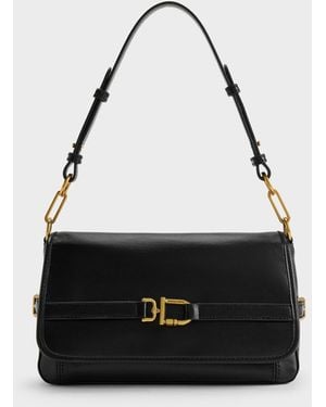 Charles & Keith Gwynne Metallic-buckle Belted Shoulder Bag - Black
