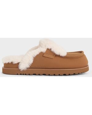 Charles & Keith Textured Fur-Trim Flatform Mules - Brown