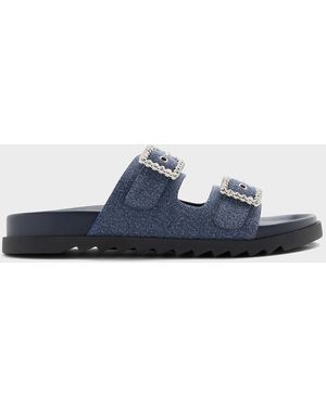 Charles & Keith Denim Gem-Buckle Double-Strap Sandals - Blue