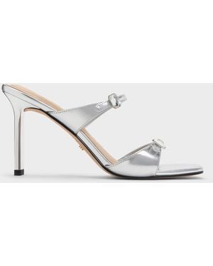 Charles & Keith Metallic Leather Gem-Buckle Heeled Sandals - White