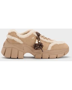 Charles & Keith Yunna Suede & Faux Shearling Chunky Sneakers - Natural