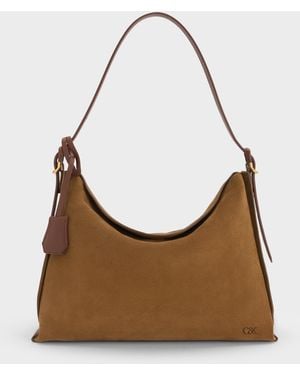 Charles & Keith Large Leather & Suede Top-Flap Hobo Bag - Brown