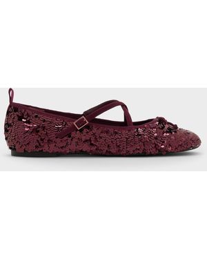 Charles & Keith Sequinned Crossover Mary Jane Flats - Purple
