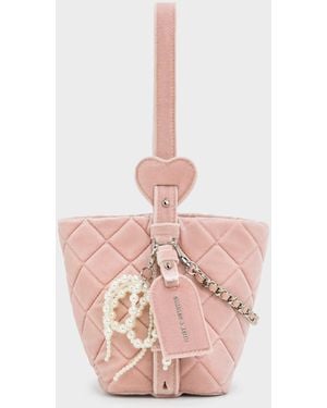 Charles & Keith Duo Velvet Quilted Chain Bucket Bag - Pink