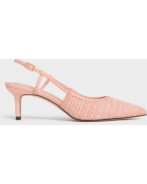 Charles & Keith Raffia Pointed-Toe Slingback Court Shoes - Pink