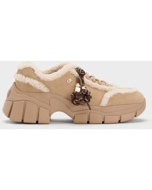 Charles & Keith Yunna Suede & Faux Shearling Chunky Trainers - Natural