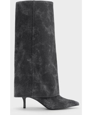 Charles & Keith Denim Fold-Over Pointed-Toe Knee-High Boots - Grey