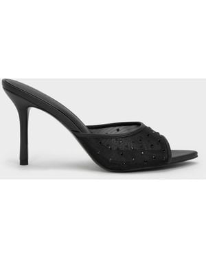Charles & Keith Mesh Crystal Peep-Toe Heeled Mules - Black