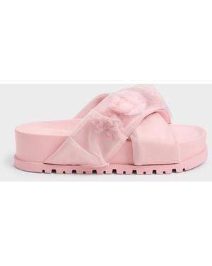 Charles & Keith Satin Flower-Applique Crossover Sandals - Pink