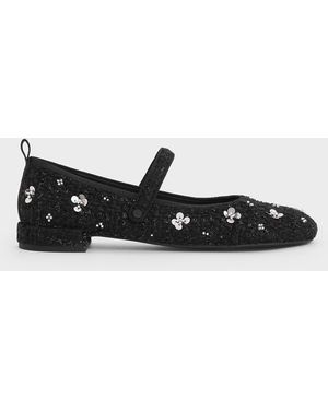 Charles & Keith Tweed Flower-Embellished Mary Janes - Black