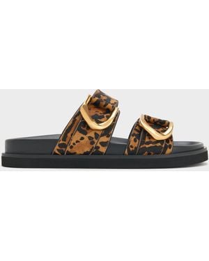 Charles & Keith Gabine Leopard-Print-Buckle Leather Slides - Multicolour