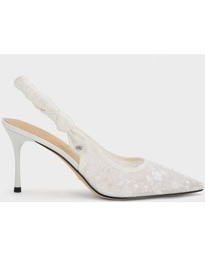 Charles & Keith Tayari Embroidered-Mesh Slingback Pumps - White