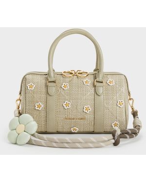 Charles & Keith Philomena Raffia Flower Bowling Bag - Natural