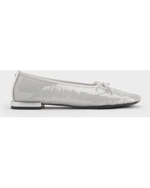 Charles & Keith Sequin Mesh & Leather Bow Ballet Flats - White