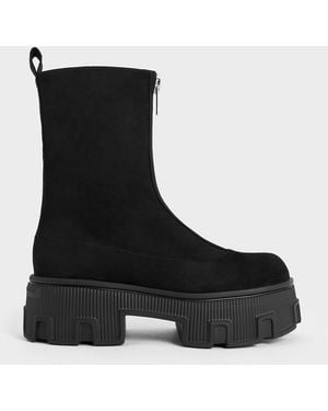 Charles & Keith Faux Suede Zip-Up Platform Calf Boots - Black