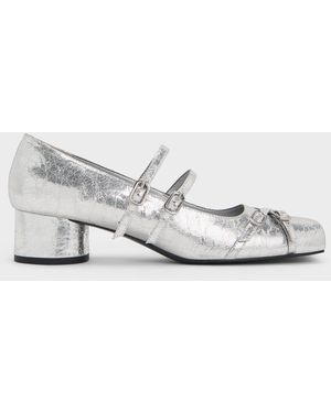 Charles & Keith Metallic Crinkle-Effect Double-Strap Mary Jane Court Shoes - White