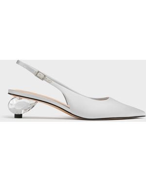 Charles & Keith Pointed Crystal-Heel Slingback Court Shoes - White