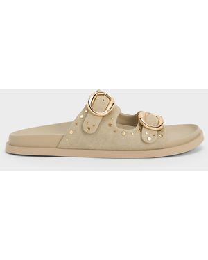 Charles & Keith Studded Buckled Double-strap Slides - White