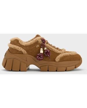 Charles & Keith Yunna Suede & Faux Shearling Chunky Sneakers - Brown
