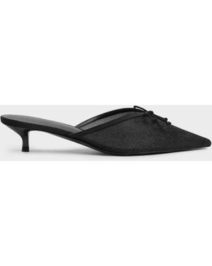 Charles & Keith Glittered Mesh Bow Kitten Heels - White