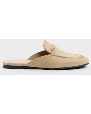 Charles & Keith Faux Suede Metallic-Bar Loafer Mules - White