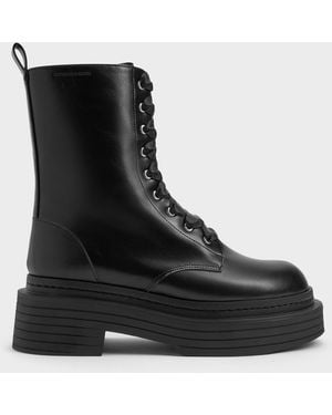 Charles & Keith Satin-Lace Platform Combat Boots - Black