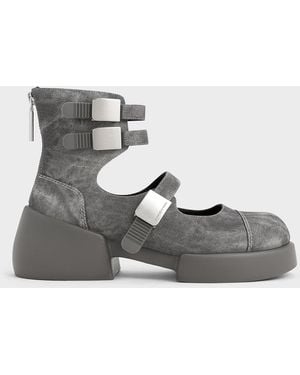 Charles & Keith Robbie Denim-effect Ankle-strap Mary Jane Boots - Gray