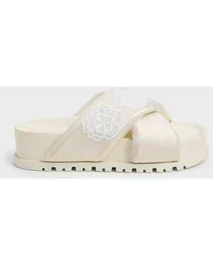 Charles & Keith Satin Embroidered-Flower Crossover Sandals - Natural