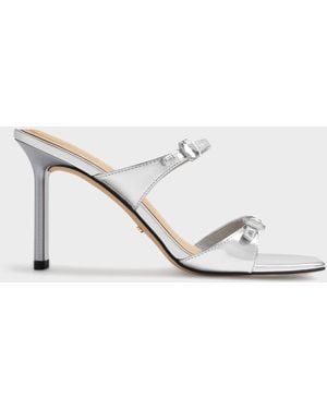 Charles & Keith Metallic Leather Gem-Buckle Double-Strap Heeled Sandals - White