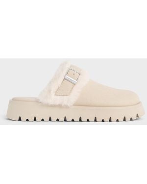 Charles & Keith Hannah Textured Fur-Trim Buckled Mules - Natural