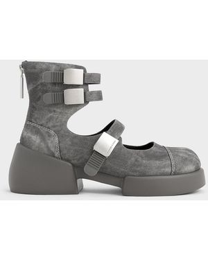 Charles & Keith Robbie Denim-effect Ankle-strap Mary Jane Boots - Grey