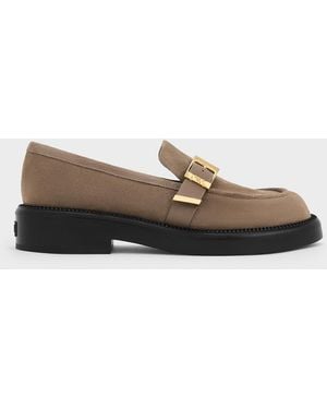 Charles & Keith Leather & Suede Buckled-Strap Loafers - Grey