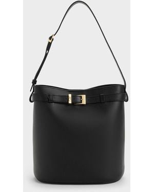 Charles & Keith Jody Leather Belted Bucket Bag - Black