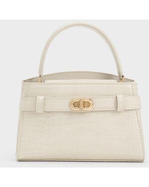 Charles & Keith Aubrielle Croc-effect Belted Top Handle Bag - Natural
