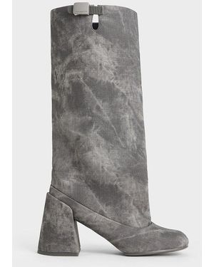 Charles & Keith Robbie Denim-effect Platform Knee-high Boots - Grey