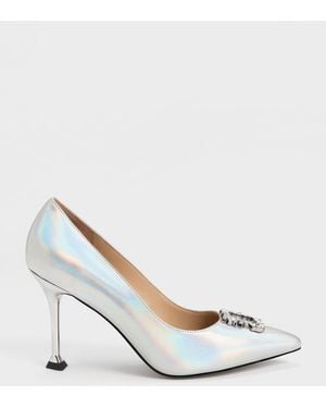 Charles & Keith Holographic Leather Gem Pumps - White