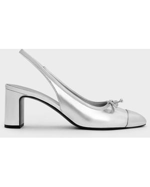 Charles & Keith Metallic Bow Cap-Toe Slingback Court Shoes - White