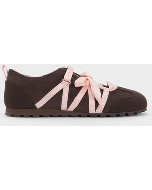 Charles & Keith Silko Faux Suede Satin-Lace Ballet Trainers - Brown