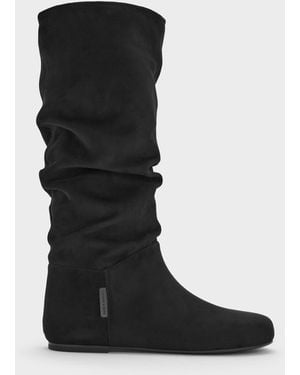 Charles & Keith Faux Suede Ruched Knee-High Boots - Black