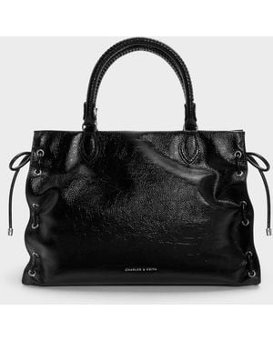 Charles & Keith Large Nylah Grommet Lace-Up Tote Bag - Black