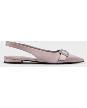 Charles & Keith Satin Crystal-Buckle Pointed-Toe Slingback Flats - White