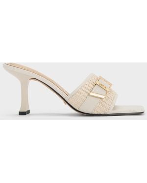 Charles & Keith Whitney Leather & Raffia Buckled Heeled Mules - Natural