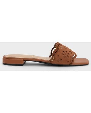 Charles & Keith Leather Embroidered Slide Sandals - Brown