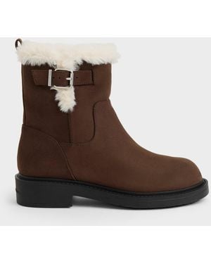 Charles & Keith Joni Faux Suede Fur-Trim Ankle Boots - Brown