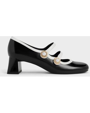 Charles & Keith Pearl-buckle Two-tone Mary Jane Court Shoes - Black