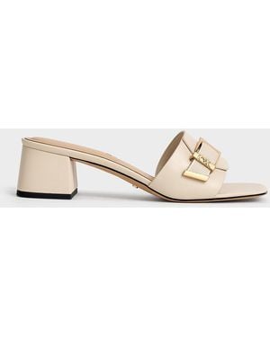 サンダル・ミュール CHARLES&KEITH Whitney Leather & Raffia Buckled Heeled Mules Brown Whitney Leather & Raffia Buckled Heeled Mules