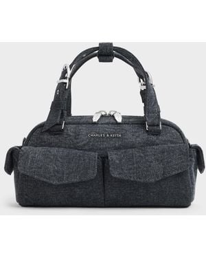 Charles & Keith Rachel Denim Multi-Pocket Bowling Bag - Black