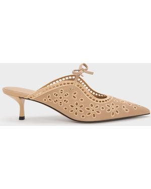 Charles & Keith Leather Embroidered Heeled Mules - White