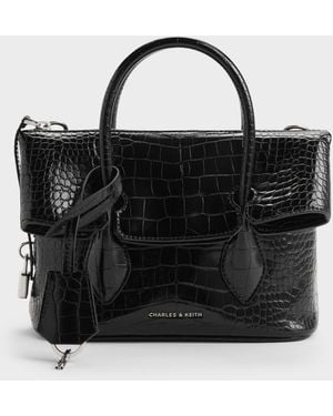Charles & Keith Aveline Croc-Effect Front-Flap Crossbody Bag - Black