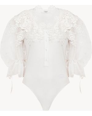 Chloé Body De Manga Abullonada De Mezcla De Algodón Y Encaje De Guipur - Blanco